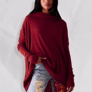 Free People Juicy Oversized Top Turtleneck Design Ribbed Knit Burgundy NWT